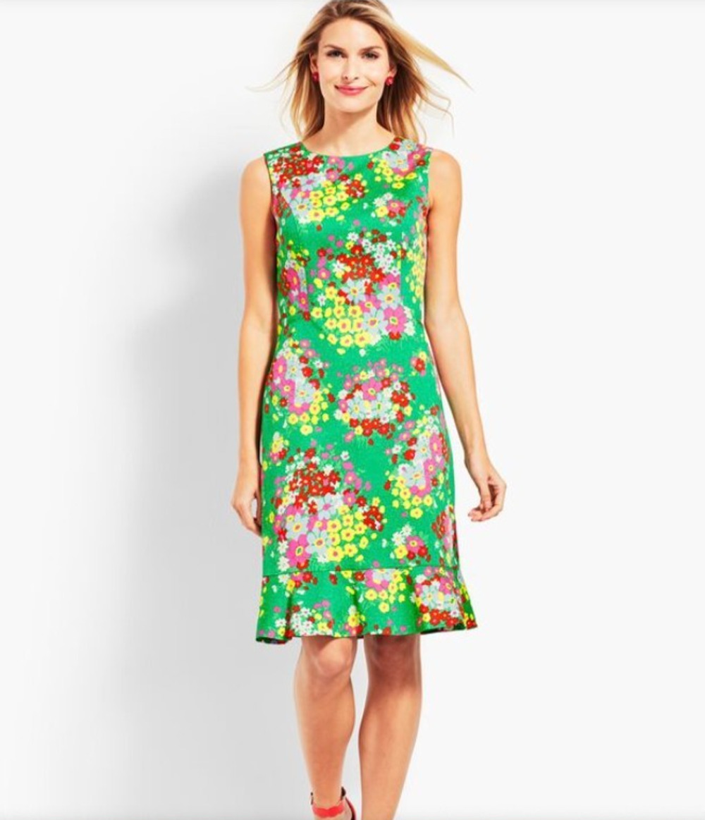 Talbots Springtime Floral Shift Dress with Ruffle Hem Dress Green Size 4 Petite